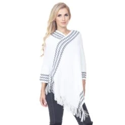 Elegant Women's Knit Poncho with Fringe Hem and Asymmetrical Drape