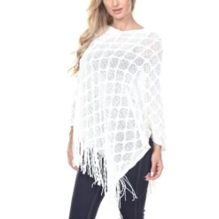 Women's White Open Knit Fringe Poncho - Breathable Layering Wrap