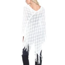 Women's White Open Knit Fringe Poncho - Breathable Layering Wrap -Dressbarn Store 634 02 3