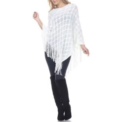 Women's White Open Knit Fringe Poncho - Breathable Layering Wrap -Dressbarn Store 634 02 5