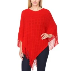 Women's Lightweight Open Knit Fringe Poncho - Vibrant Red