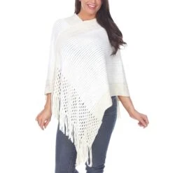 Elegant White Cable Knit Poncho with Stylish Fringe Trim