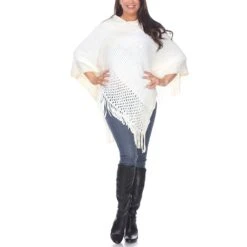 Elegant White Cable Knit Poncho with Stylish Fringe Trim -Dressbarn Store 648 02 3