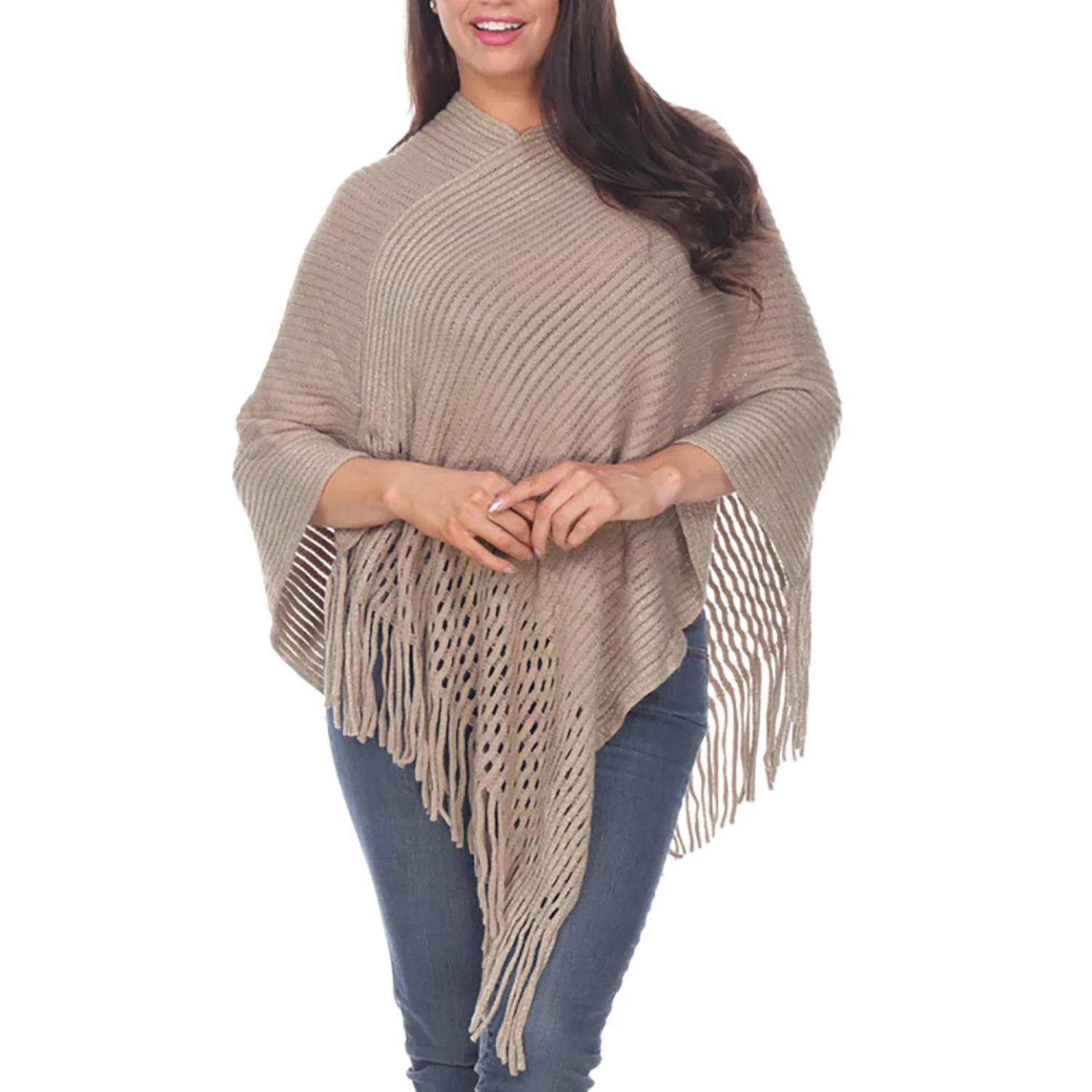 Women's Cable Knit Poncho with Fringe Trim - Elegant Brown Layering Wrap 1 Women's Cable Knit Poncho with Fringe Trim - Elegant Brown Layering Wrap
