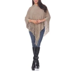 Women's Cable Knit Poncho with Fringe Trim - Elegant Brown Layering Wrap 9 Women's Cable Knit Poncho with Fringe Trim - Elegant Brown Layering Wrap -Dressbarn Store 648 03 5