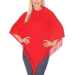 Women's Asymmetrical Knit Poncho - Chic Pullover with Tassel Trim