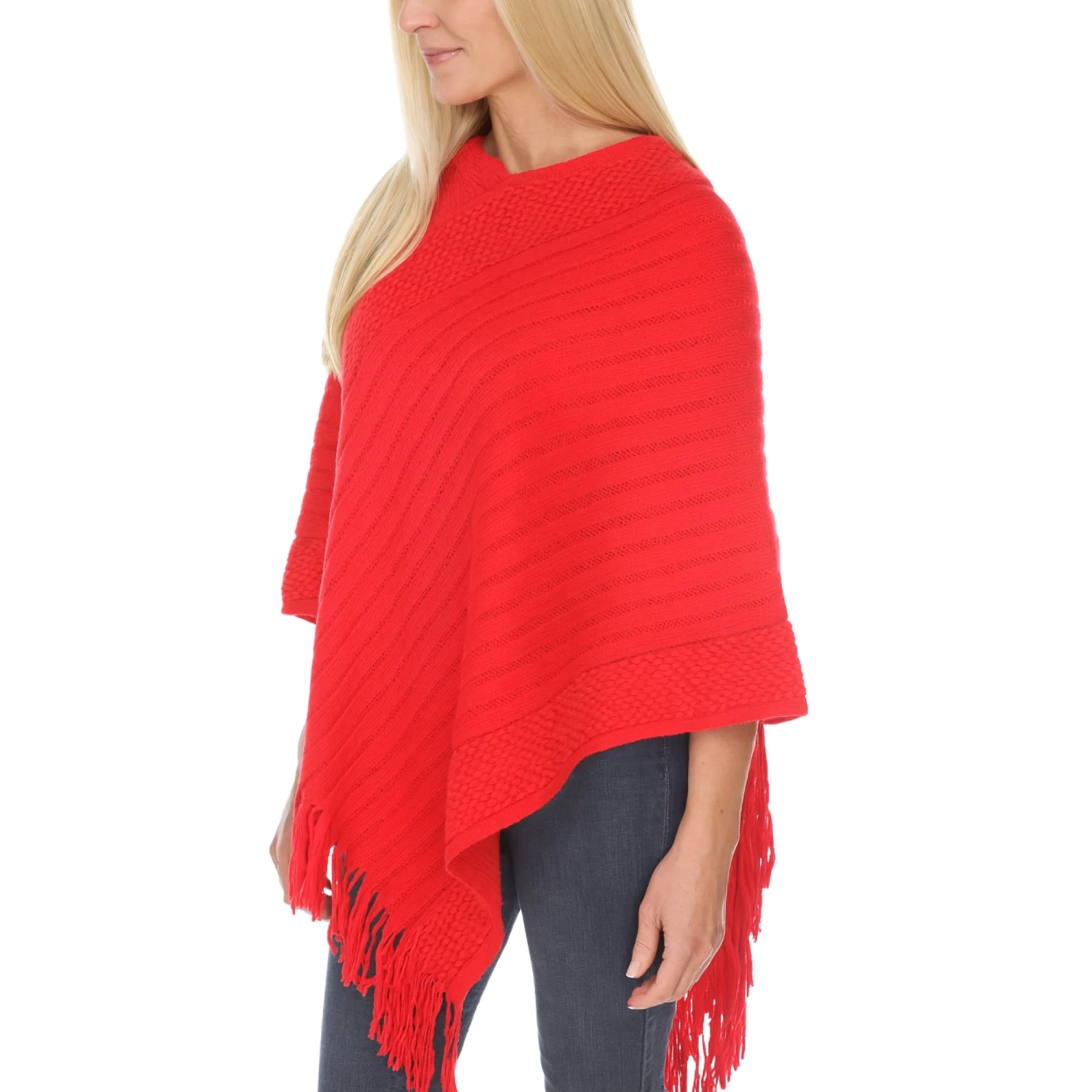 Women's Asymmetrical Knit Poncho - Chic Pullover with Tassel Trim 2 Women's Asymmetrical Knit Poncho - Chic Pullover with Tassel Trim - Image 2