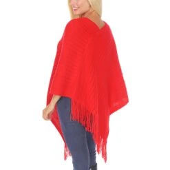 Women's Asymmetrical Knit Poncho - Chic Pullover with Tassel Trim 6 Women's Asymmetrical Knit Poncho - Chic Pullover with Tassel Trim -Dressbarn Store 652B 02 3