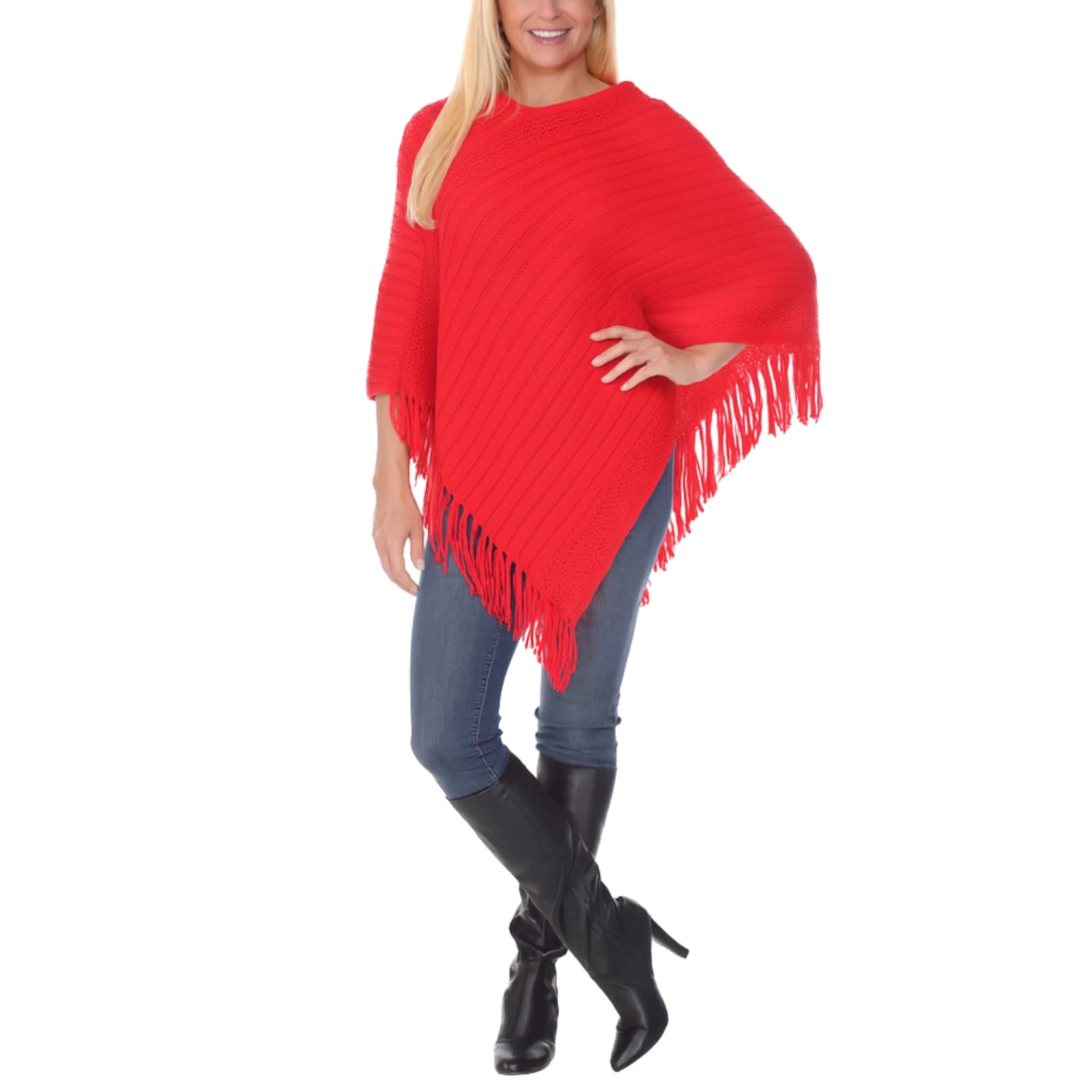 Women's Asymmetrical Knit Poncho - Chic Pullover with Tassel Trim 4 Women's Asymmetrical Knit Poncho - Chic Pullover with Tassel Trim - Image 4