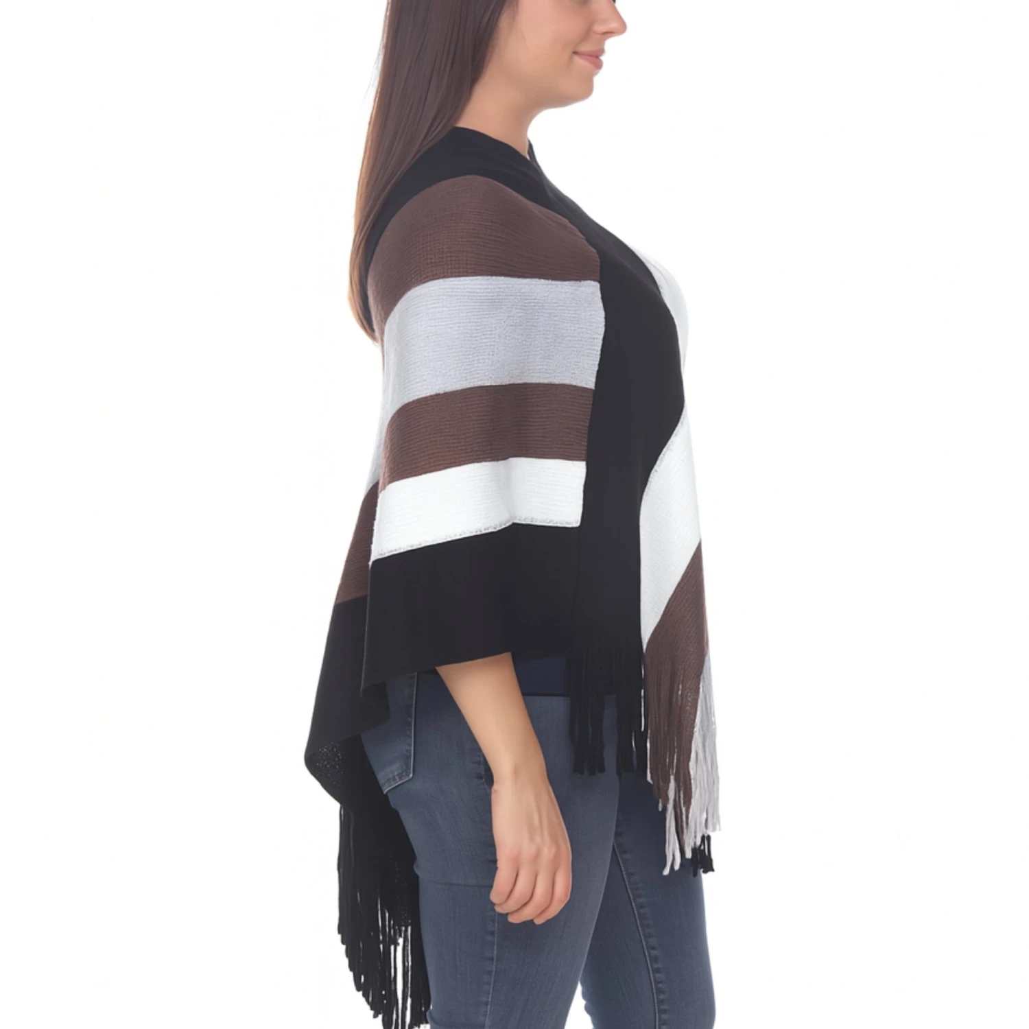 Colorblock Striped Knit Fringe Poncho - Cozy Relaxed Fit Wrap 2 Colorblock Striped Knit Fringe Poncho - Cozy Relaxed Fit Wrap - Image 2