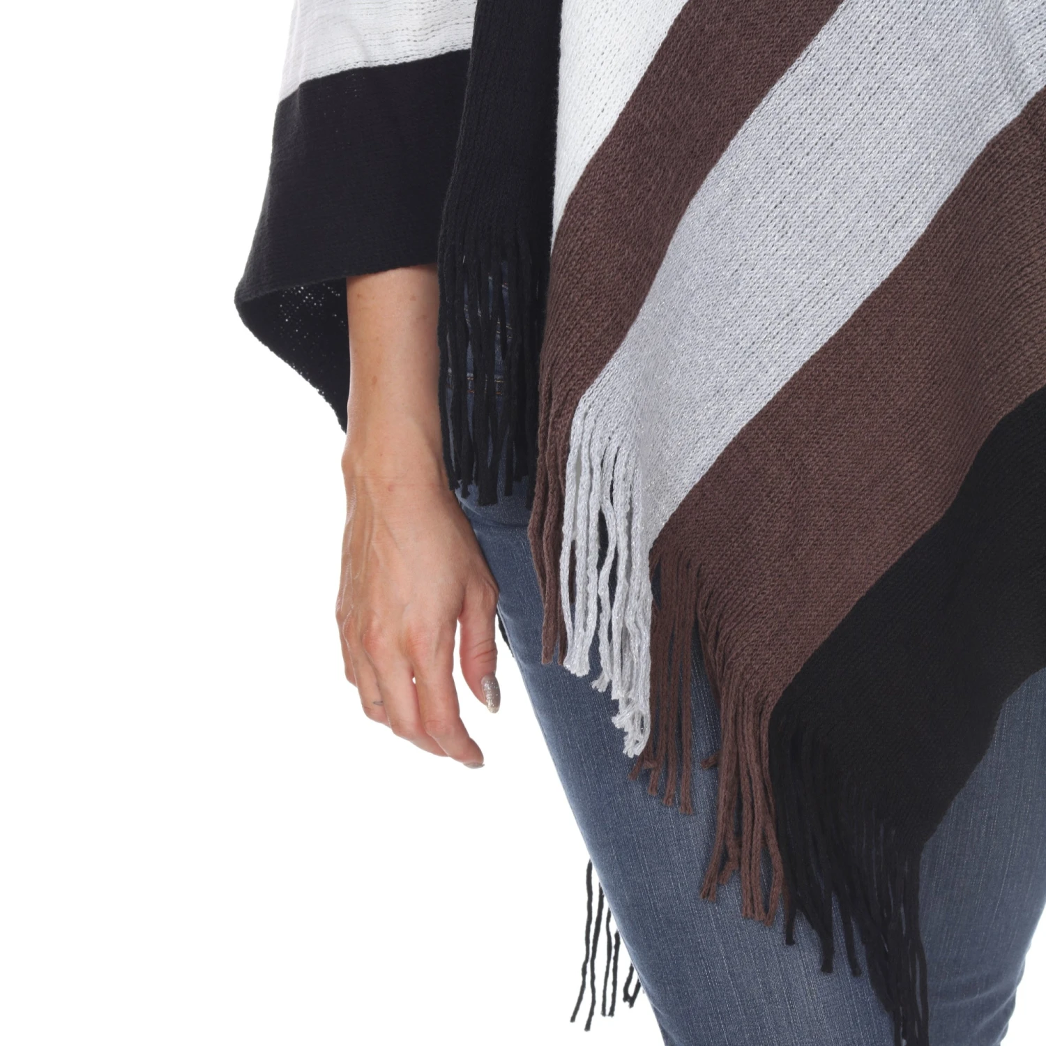 Colorblock Striped Knit Fringe Poncho - Cozy Relaxed Fit Wrap 4 Colorblock Striped Knit Fringe Poncho - Cozy Relaxed Fit Wrap - Image 4