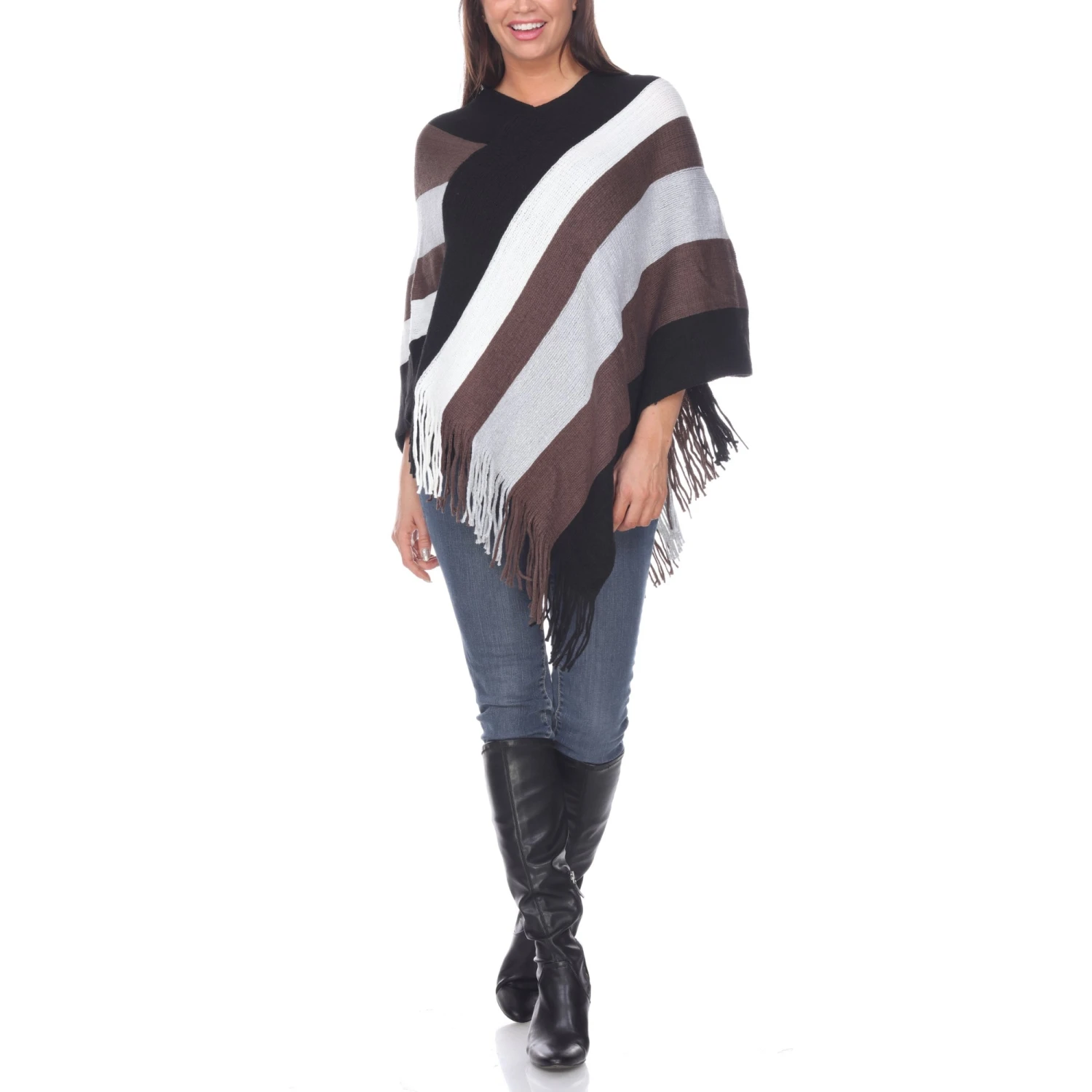Colorblock Striped Knit Fringe Poncho - Cozy Relaxed Fit Wrap 5 Colorblock Striped Knit Fringe Poncho - Cozy Relaxed Fit Wrap - Image 5