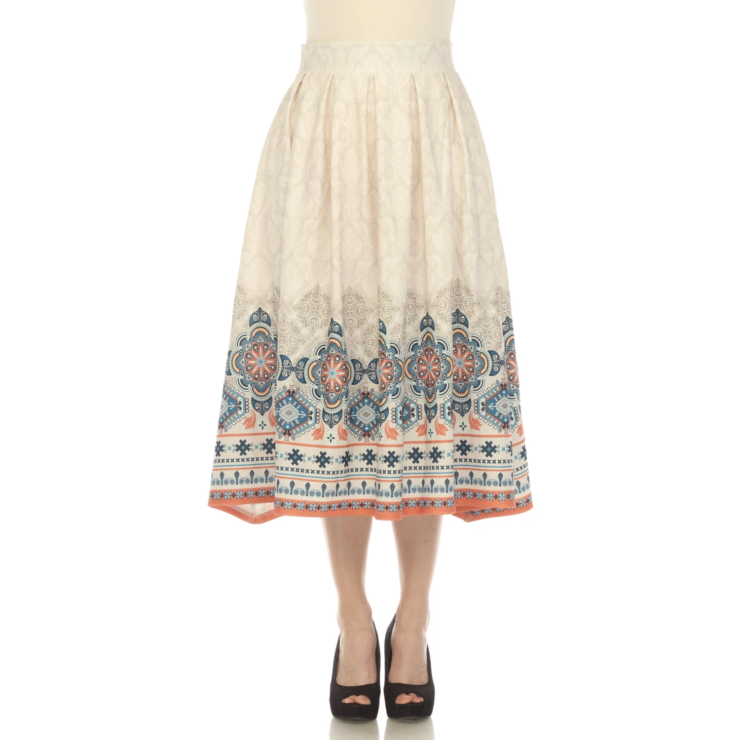 Beige Pleated Midi Skirt with Border Print and Pockets 1 Beige Pleated Midi Skirt with Border Print and Pockets