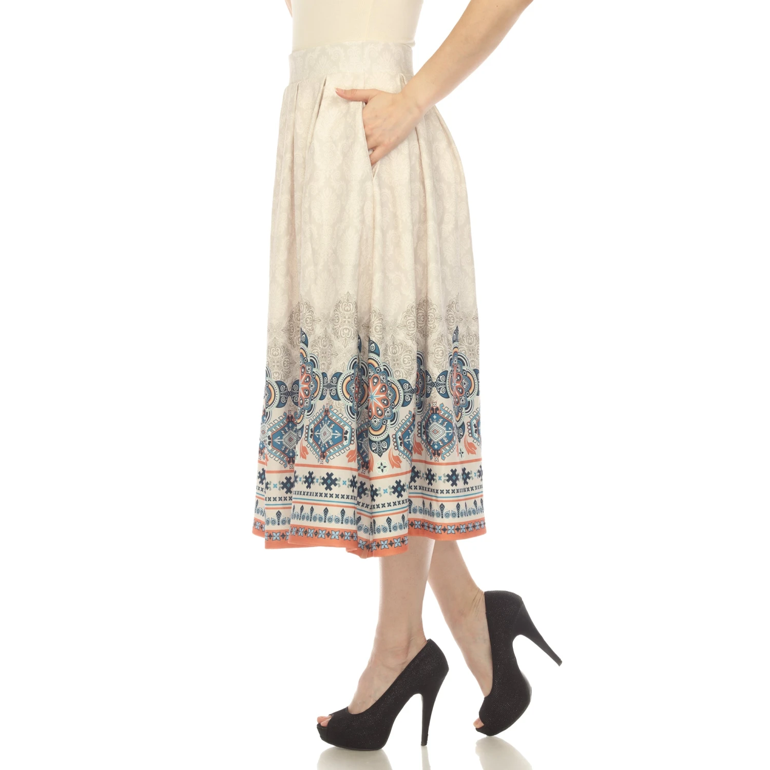 Beige Pleated Midi Skirt with Border Print and Pockets 2 Beige Pleated Midi Skirt with Border Print and Pockets - Image 2
