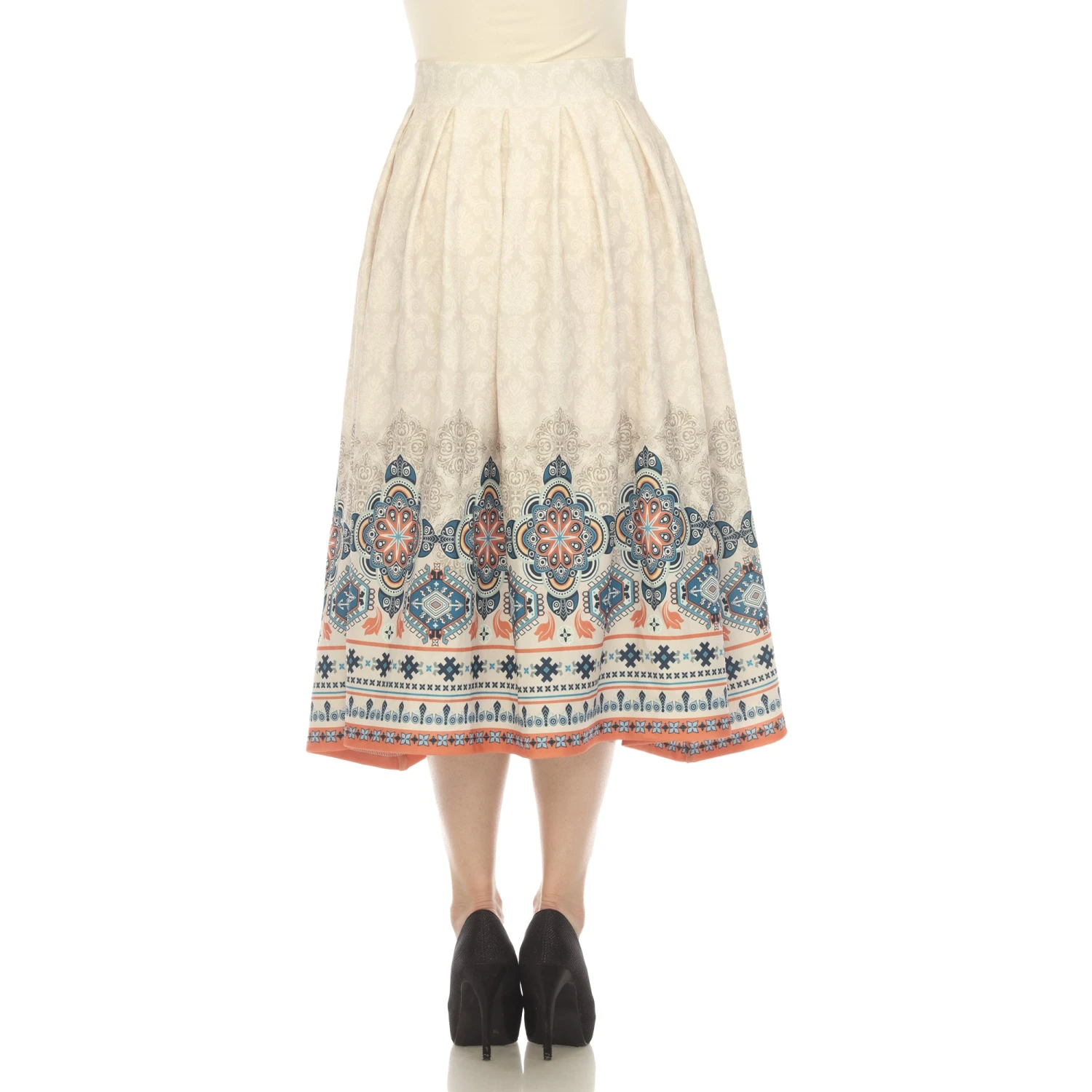Beige Pleated Midi Skirt with Border Print and Pockets 3 Beige Pleated Midi Skirt with Border Print and Pockets - Image 3