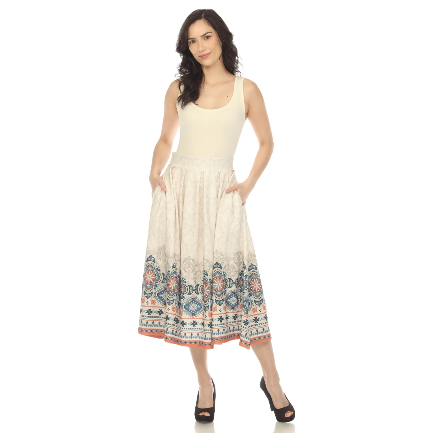 Beige Pleated Midi Skirt with Border Print and Pockets 5 Beige Pleated Midi Skirt with Border Print and Pockets - Image 5