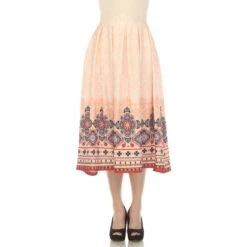 Orange Pleated Midi Skirt with Pockets and Border Print