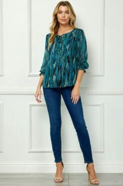 Teal Smocked 3/4 Sleeve Blouse with Beaded Tie Front Neckline