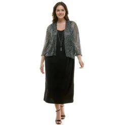 Plus Size Striped Evening Jacket Dress with Bell Sleeves & Statement Necklace