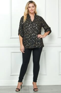 Plus Size Rain Foil Print Popover Blouse with 3/4 Tab Sleeves - Black