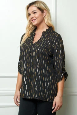 Plus Size Rain Foil Print Popover Blouse with 3/4 Tab Sleeves - Black -Dressbarn Store G2174100F3X BLKGO S