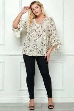 Elegant Plus Size V-Neck Ruffle Sleeve Blouse with Gold Foil Accents
