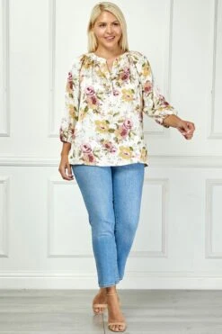 Plus Size Cream Mandarin Collar Popover Blouse with 3/4 Elastic Sleeves