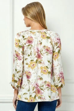 Cream Mandarin Collar Popover Blouse with 3/4 Elastic Cuff Sleeves -Dressbarn Store G241711B76 CRMAS B