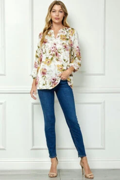 Cream Mandarin Collar Popover Blouse with 3/4 Elastic Cuff Sleeves