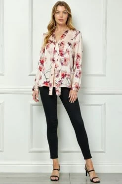 Pink Tie Neck Button Blouse with Elegant Long Cuffs