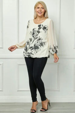 Plus Size Long Sleeve Placement Print Bubble Hem Blouse