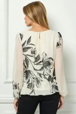 Placement Print Bubble Blouse - Long Sleeve Cream Statement Top -Dressbarn Store G248995N38 CRMBK B