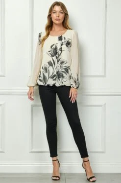 Placement Print Bubble Blouse - Long Sleeve Cream Statement Top