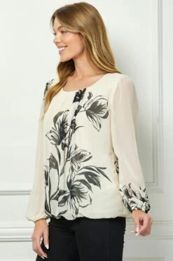 Placement Print Bubble Blouse - Long Sleeve Cream Statement Top -Dressbarn Store G248995N38 CRMBK S 2