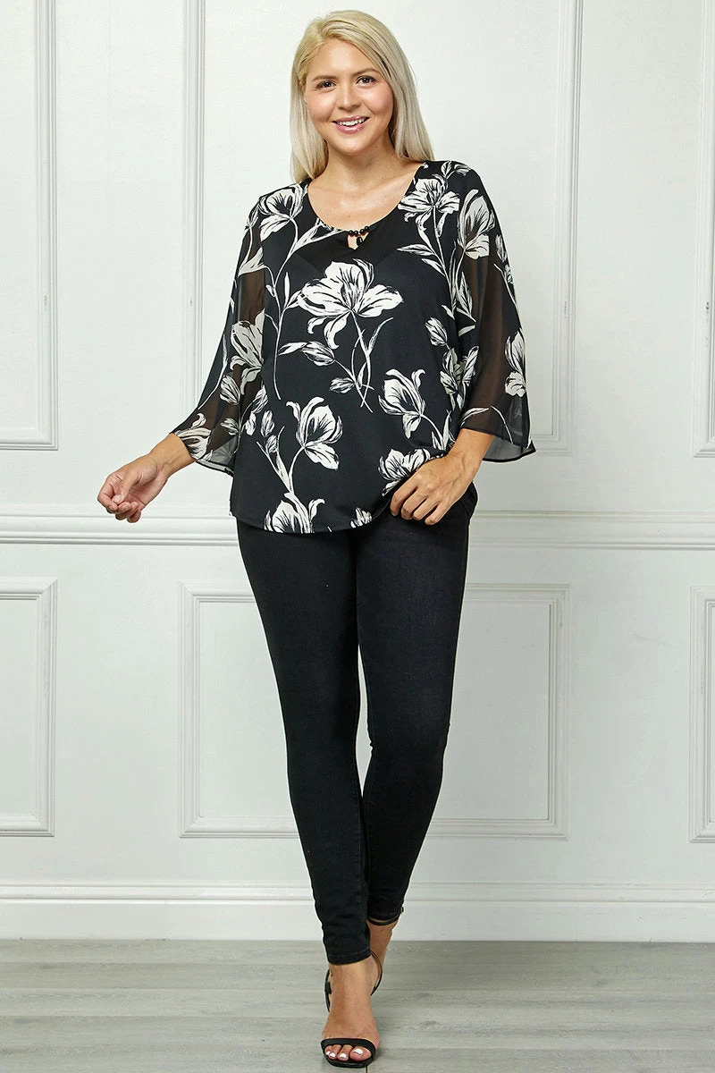 Plus Size Flare Sleeve Swing Blouse with Cutout Neckline in Black 1 Plus Size Flare Sleeve Swing Blouse with Cutout Neckline in Black