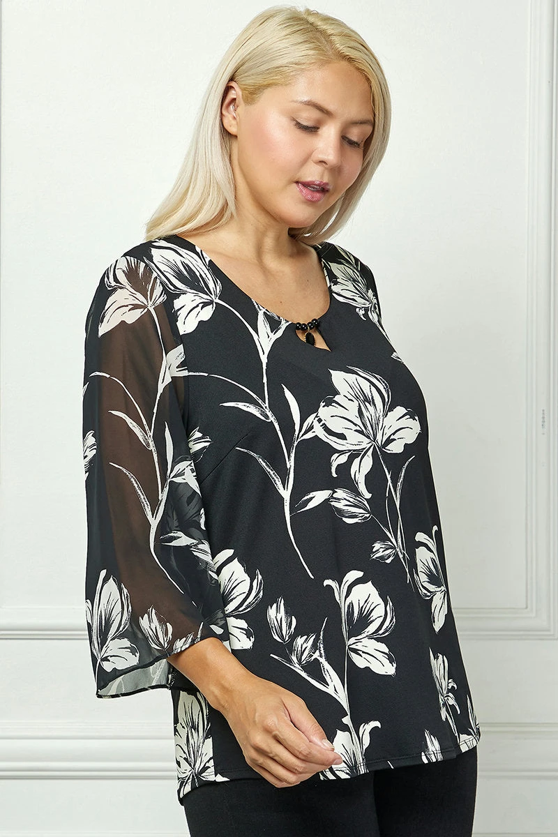 Plus Size Flare Sleeve Swing Blouse with Cutout Neckline in Black 3 Plus Size Flare Sleeve Swing Blouse with Cutout Neckline in Black - Image 3