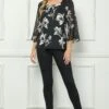 Black 3/4 Flare Sleeve Swing Blouse with Cutout Neck Detail