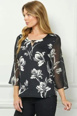 Black 3/4 Flare Sleeve Swing Blouse with Cutout Neck Detail 6 Black 3/4 Flare Sleeve Swing Blouse with Cutout Neck Detail -Dressbarn Store G516401M59 BKVN S 2