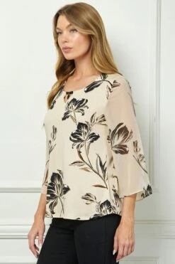 Elegant Beige Swing Blouse with 3/4 Flare Sleeves and Cutout Trim -Dressbarn Store G516401M59 TBKGR S