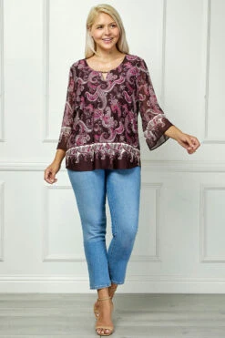 Burgundy Plus Size 3/4 Flare Sleeve Blouse with Cutout Trim