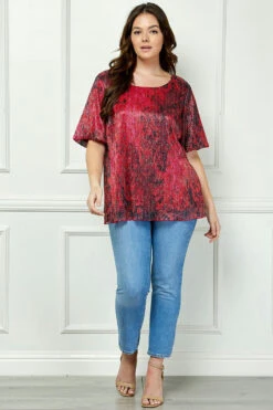Elegant Plus Size Short Puff Sleeve Scoop Neck Blouse - Burgundy