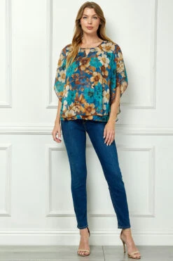 Turquoise Layered Poncho Tank Blouse with Elegant Cutout Trim