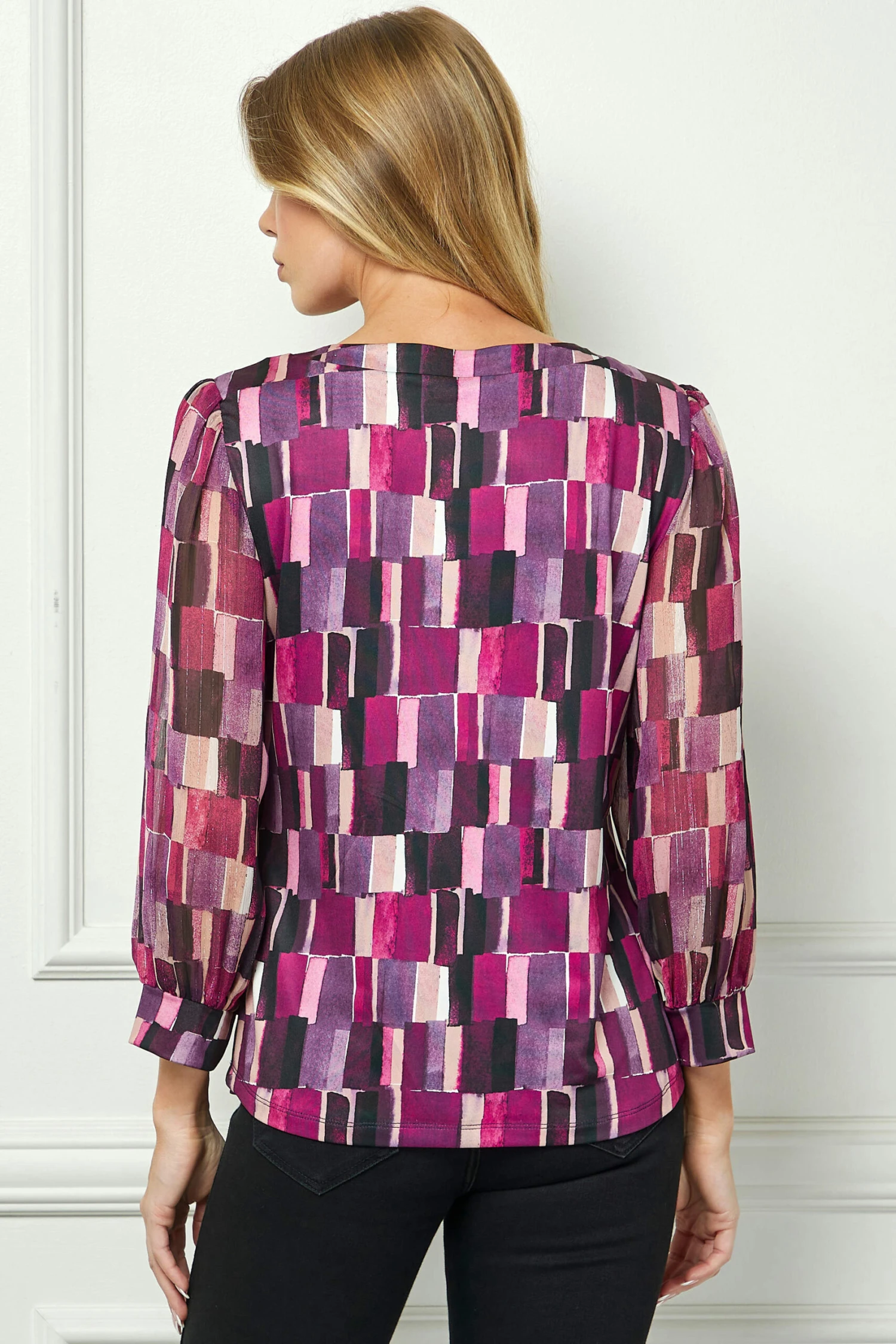 Plum 3/4 Sleeve Blouse with Elegant Cutout Trim & Mix Media Detail 4 Plum 3/4 Sleeve Blouse with Elegant Cutout Trim & Mix Media Detail - Image 4