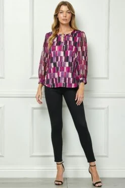 Plum 3/4 Sleeve Blouse with Elegant Cutout Trim & Mix Media Detail