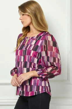 Plum 3/4 Sleeve Blouse with Elegant Cutout Trim & Mix Media Detail 6 Plum 3/4 Sleeve Blouse with Elegant Cutout Trim & Mix Media Detail -Dressbarn Store G538701M61 PLBCR S 1