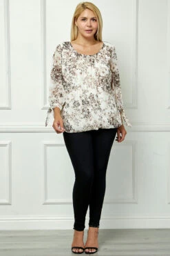 Elegant Bubble Hem 3/4 Tie Sleeve Blouse - Plus Size Beige