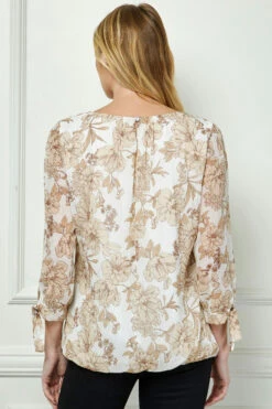 Elegant Ivory & Tan Bubble Hem Blouse with 3/4 Tie Sleeves -Dressbarn Store G600253D23 IVKHT B