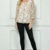Elegant Ivory & Tan Bubble Hem Blouse with 3/4 Tie Sleeves