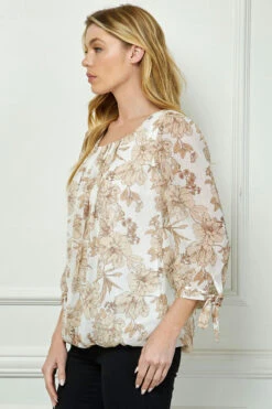 Elegant Ivory & Tan Bubble Hem Blouse with 3/4 Tie Sleeves -Dressbarn Store G600253D23 IVKHT S 2