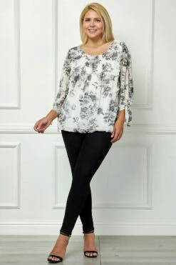 Elegant Plus Size Bubble Hem Tie Sleeve Blouse - Black & White